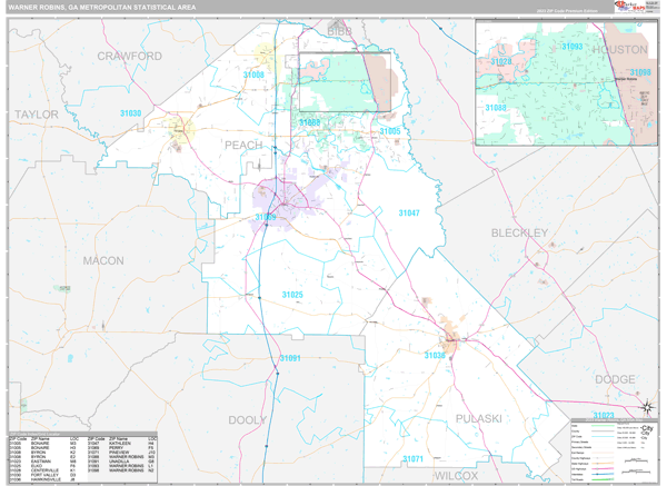 Warner Robins, GA Metro Area Wall Map
